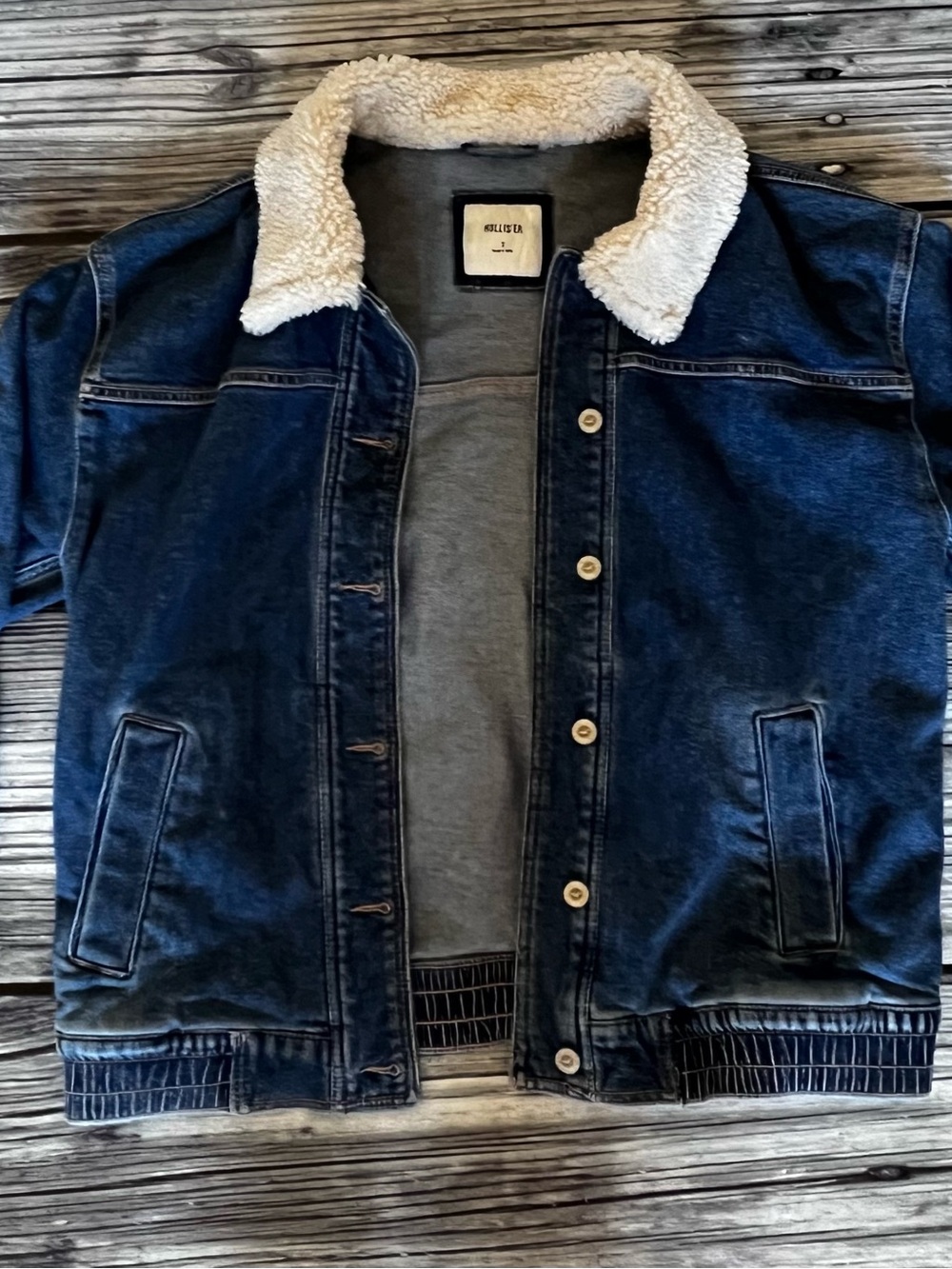 Hollister Blue Denim Jacket with Cream Sherpa Collar